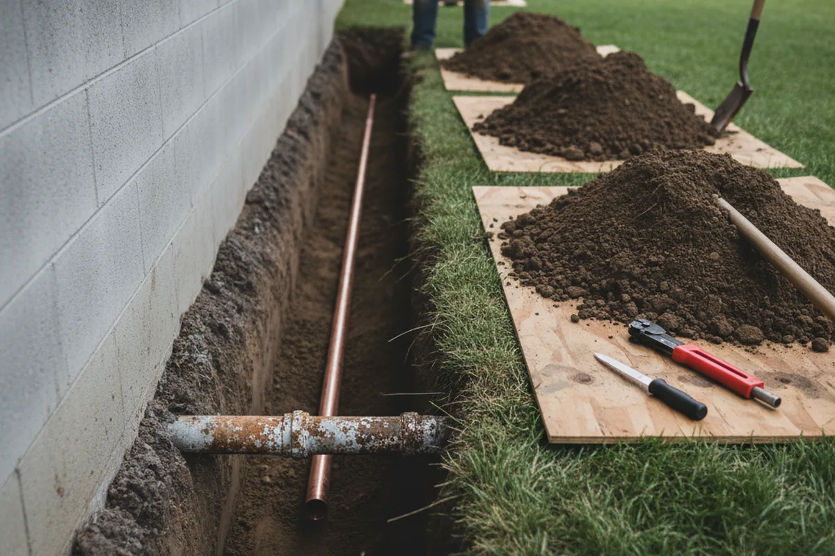 Excavated water line trench during Sewer Line Repair in Shreveport